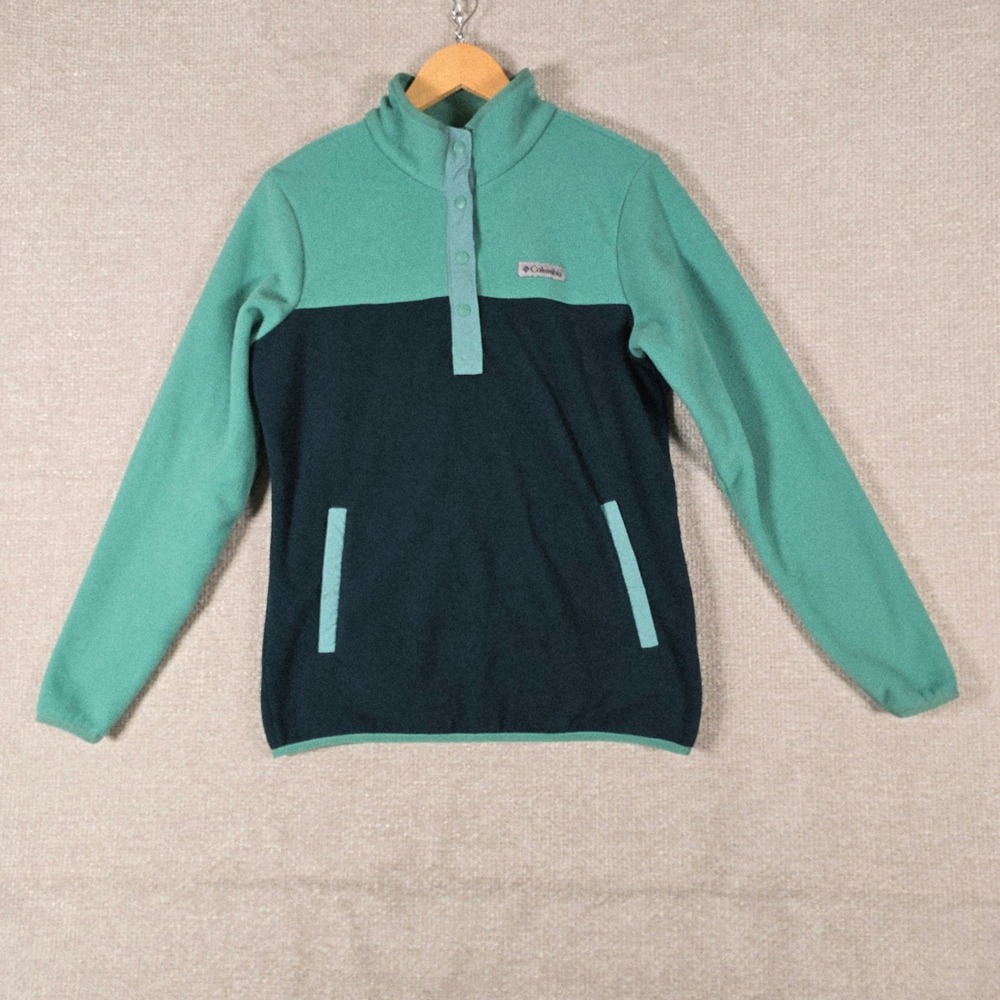 Columbia Benton Springs Womens Medium Green Navy Colorblock Snap Fleece Pullover